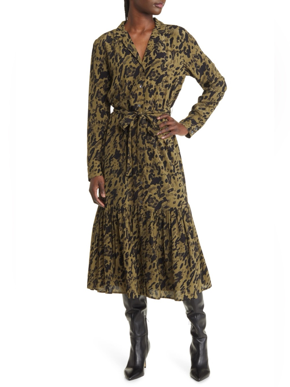 Rails Beatrice Animal Print Long Sleeve Shirtdress in Olive | XS